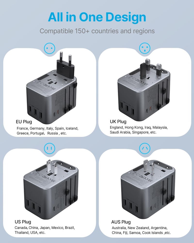 VINTAR Universal Travel Adapter, 35.5W International Power Adapter with 3 USB A QC and 2 USB C PD, All in One Plug Adapter Worldwide Travel Essentials for EU/UK/USA/AUS(Type C/G/A/I), Silver - Image 3